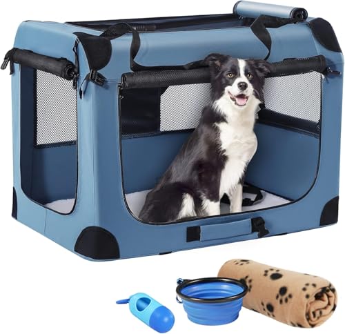 Petprsco Tragbare Hundebox, zusammenklappbare Hunde-Reisebox, 81 x 58 x 58cm, mit weicher Decke, Faltbarer Schüssel und einem Kotbeutel mit Spender für mittelgroße und große Hunde von Petprsco