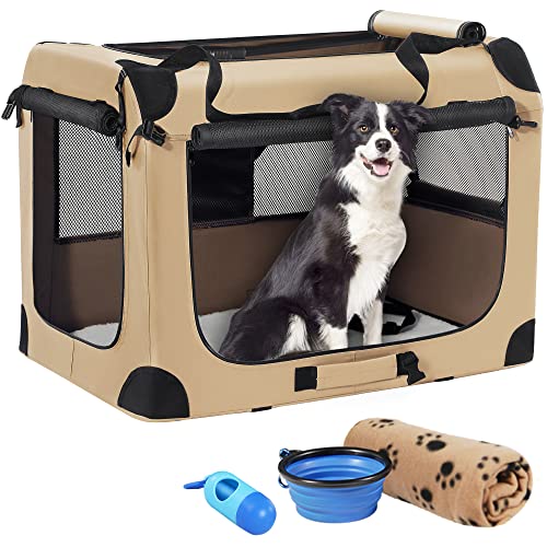 Petprsco Tragbare Hundebox, zusammenklappbare Hunde-Reisebox 32x23x23 mit weicher Decke, faltbarer Schüssel und einem Kotbeutel mit Spender für mittelgroße und große Hunde von Petprsco