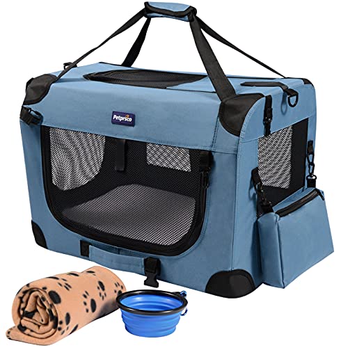 Tragbare faltbare Hundebox, Reise-Hundebox, 61 x 43 x 43 cm, mit weicher, warmer Decke und faltbarem Napf für große Katzen und kleine Hunde, drinnen und draußen von Petprsco