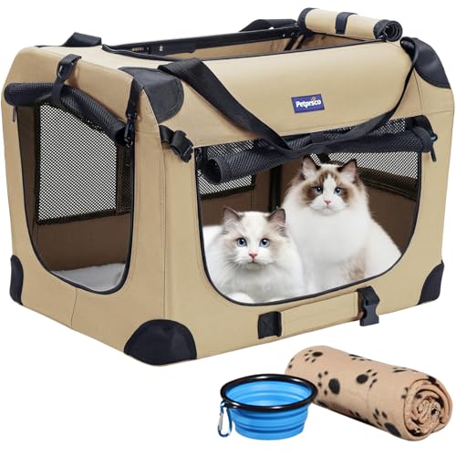 Petprsco Transportbox für Haustiere, weiche Seiten, für Katzen, kleine Hunde, 3-türig, weich, faltbar, mit Gurten für Katzen, Welpen, Reisen, zusammenklappbar, komfortabel, Design tragbar (Beige) von Petprsco