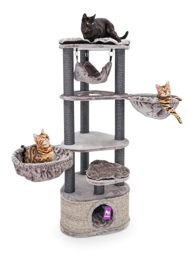 Petrebels Premium Qualität Kratzbaum in Triangelform, Catharina 160 cm, Design Kratzbaum für Grosse Katzen mit XXL Hängematten und Katzenhöhle, Farbe Cappuccino von Petrebels
