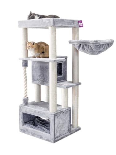 Petrebels Kratzbaum Lodge 150 cm hoch, mit XL Sofa, Hängematte und Katzen-Spielseil, Kratzbaum für mehrere Katzen, Farbe Grau von Petrebels