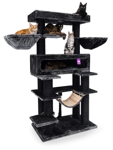 Petrebels Maine Coon Kratzbaum XXL, Lookout 198, Design Kratzbaum für große Katzen, Extrem Stabil, mit 15cm Ø Natur-Sisal Stämme, 100 x 60 x 198 cm, Farbe Schwarz von Petrebels