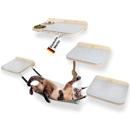 Petriumph® Kletterwand 2.0 | Originell auf der Katzen Wand Klettern | 8-Teiliges Set mit flauschig weicher Katzenhängematte, Kratzseil und 2X Fressnapf | Hängematte Katze von Petriumph