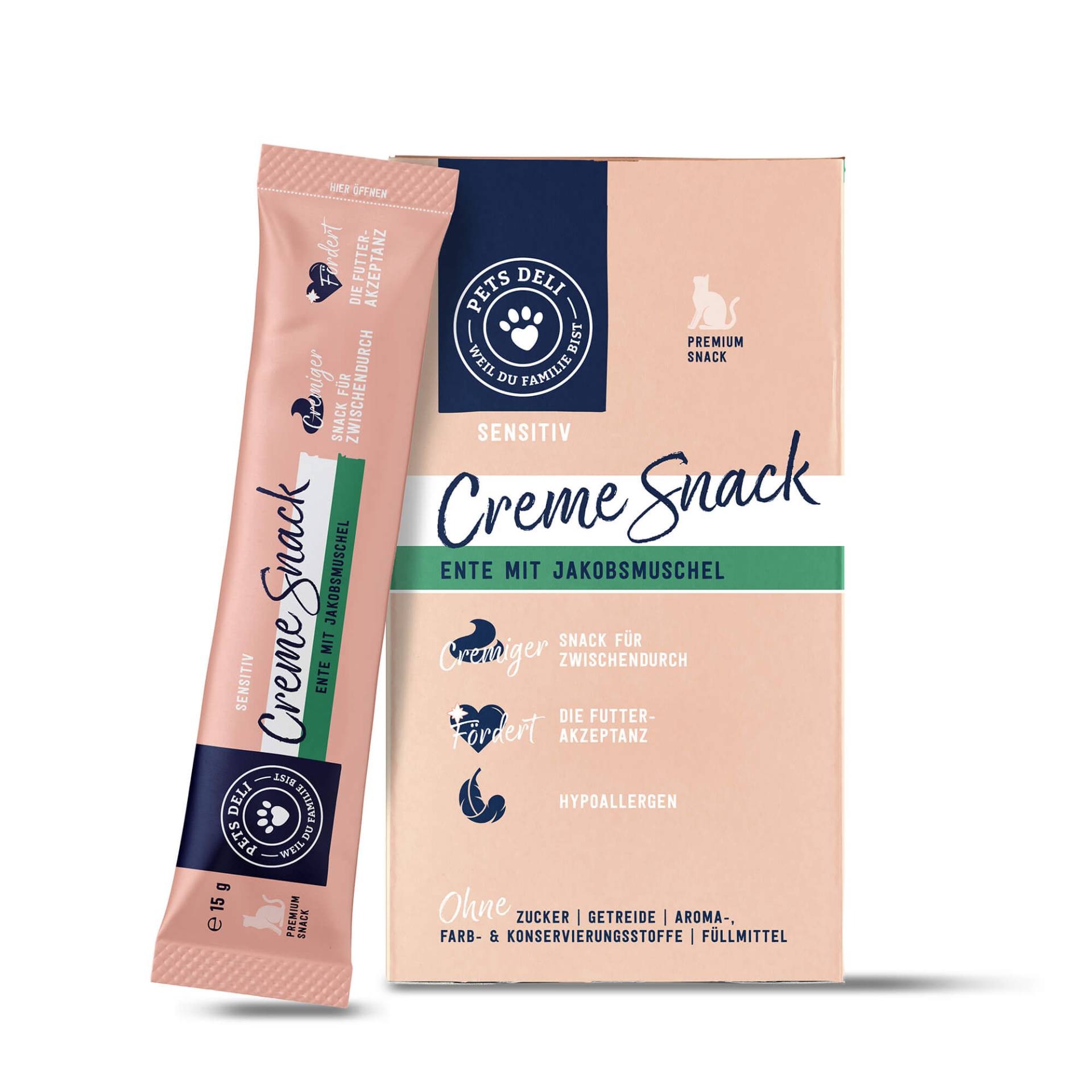 Akzeptanz Creme Snack Ente mit Jakobsmuschel für Katzen - 6 x 15g / 8er Pack von Pets Deli