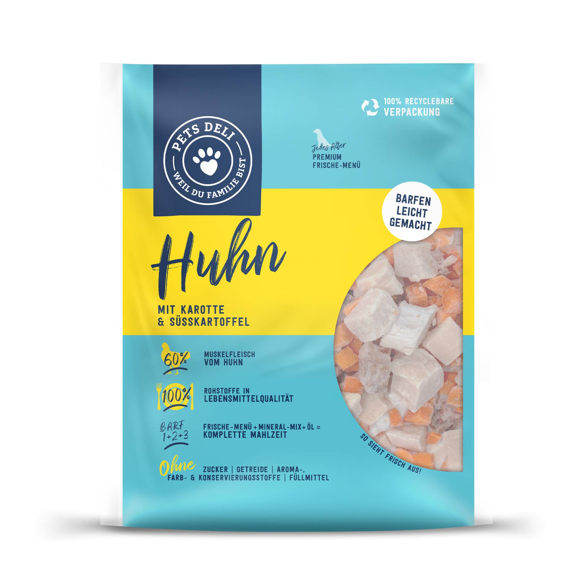 Frische-Menü Huhn mit Karotte und Süßkartoffel für Hunde - 200g / 20er+Öl+Mineral-Mix von Pets Deli