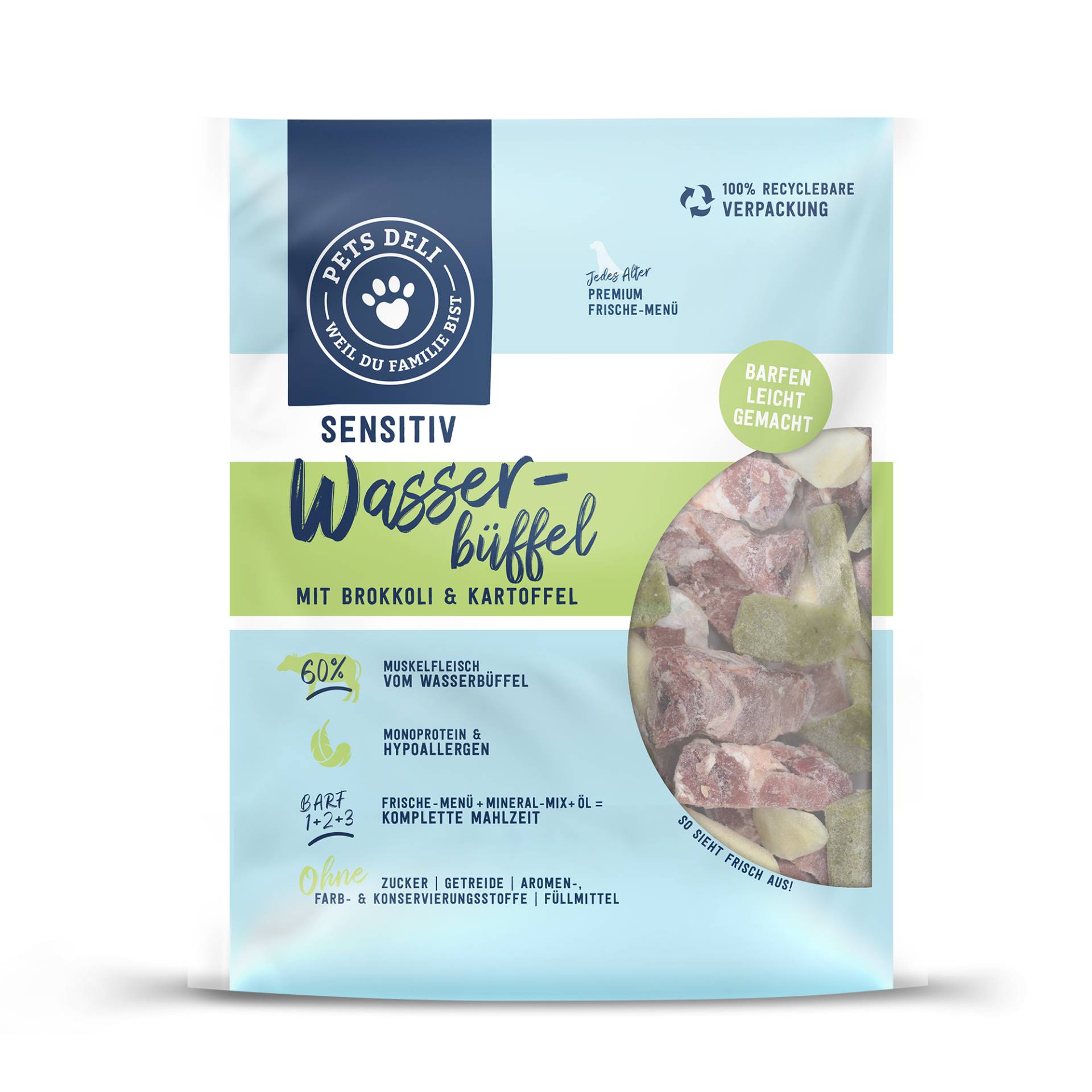 Frische-Menü Wasserbüffel mit Brokkoli und Kartoffel für Hunde - 200g / 20er+Öl+Mineral-Mix von Pets Deli