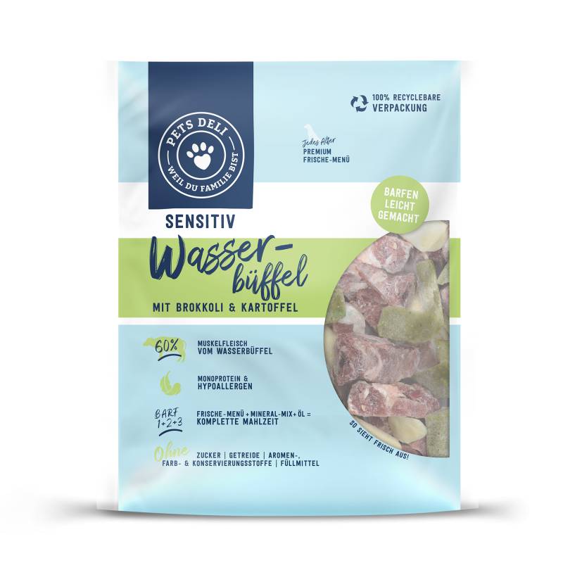 Frische-Menü Wasserbüffel mit Brokkoli und Kartoffel für Hunde - 200g / 20er+Öl+Mineral-Mix von Pets Deli