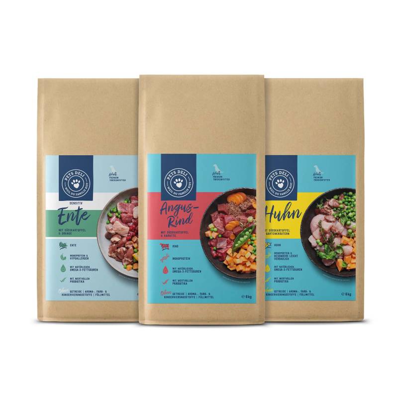 Trockenfutter Super Sparpaket Mix-Sorten je 3x6kg - Rind, Ente & Huhn von Pets Deli