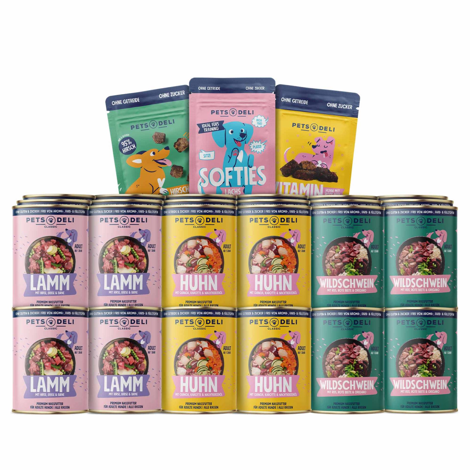 Mix Vorratspaket Nassfutter und Snacks für Hunde - 36x400g Mix Vorratspaket Nassfutter und Snacks für Hunde - 36x400g von Pets Deli