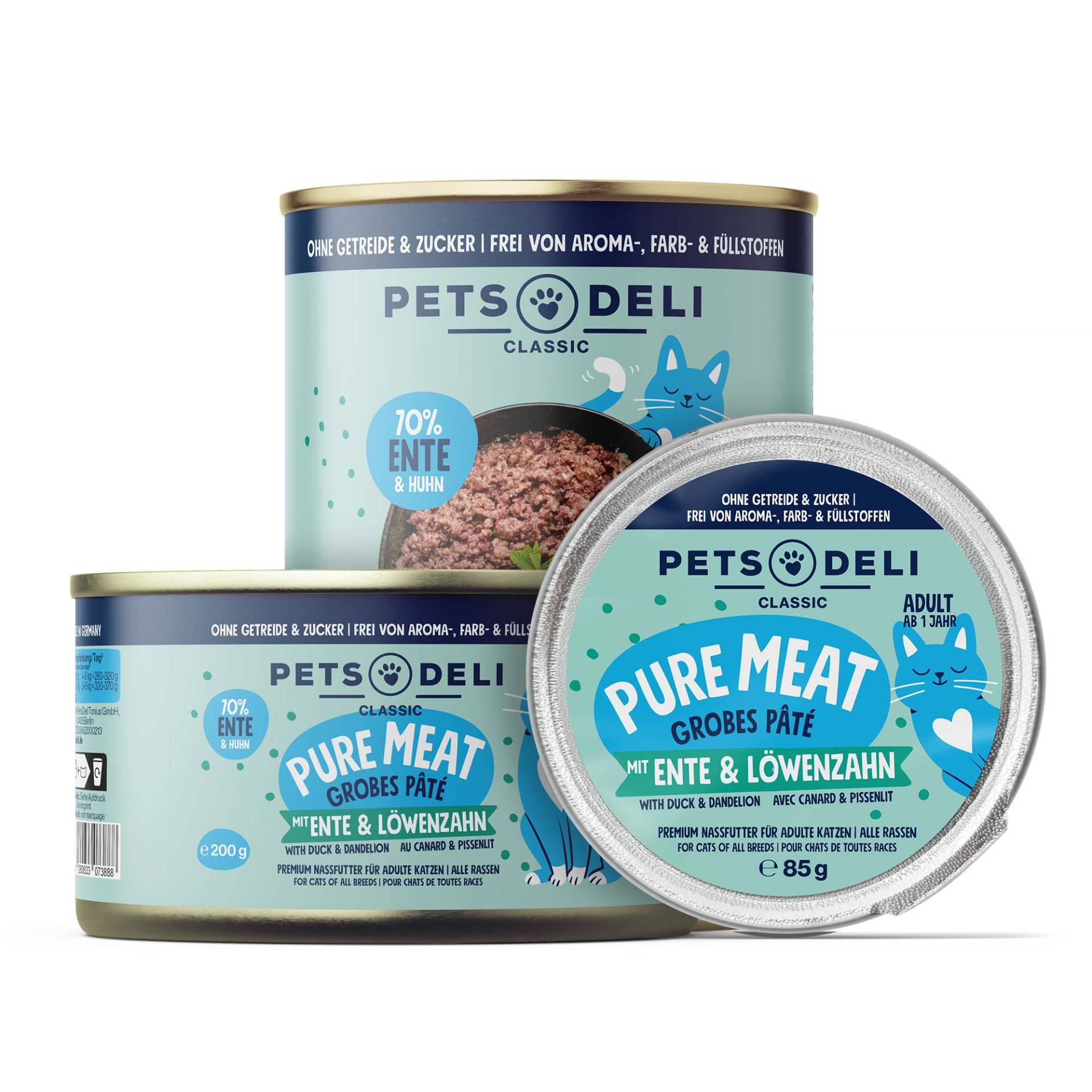 Nassfutter "Pure Meat" Ente mit Löwenzahn - 85g / 12er Pack von Pets Deli