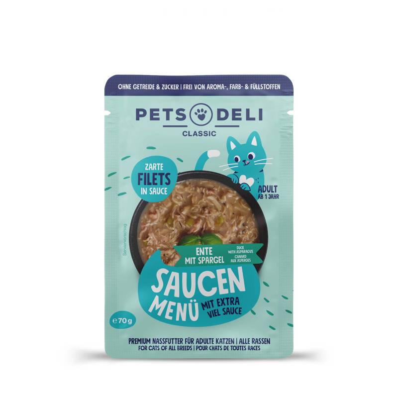 Nassfutter "Saucen Menü" Ente mit Spargel für Katzen - 70g / 36er Pack von Pets Deli
