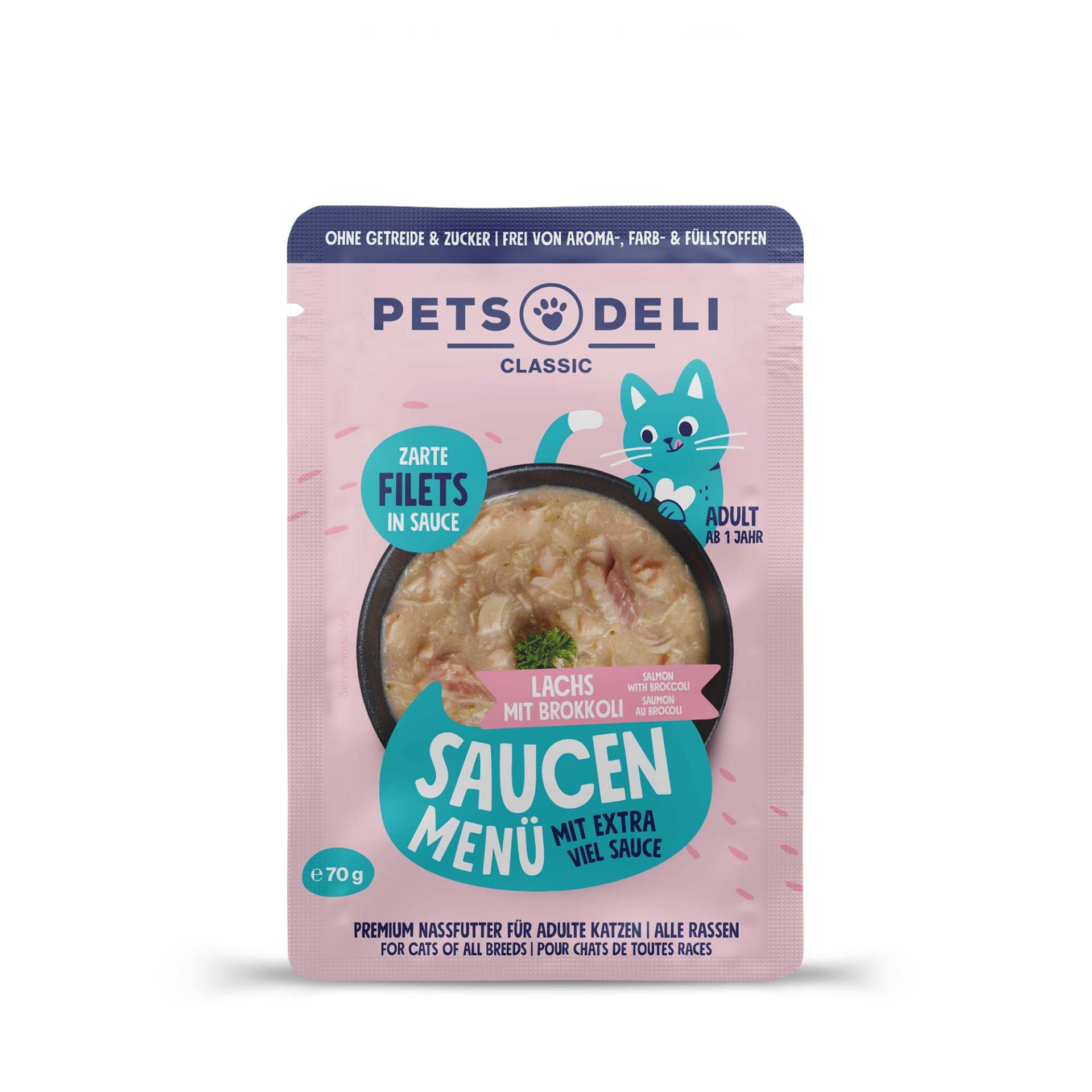 Nassfutter "Saucen Menü" Lachsfilet mit Brokkoli für Katzen - 70g / 36er Pack Nassfutter "Saucen Menü" Lachsfilet mit Brokkoli für Katzen - 70g / 36er Pack von Pets Deli