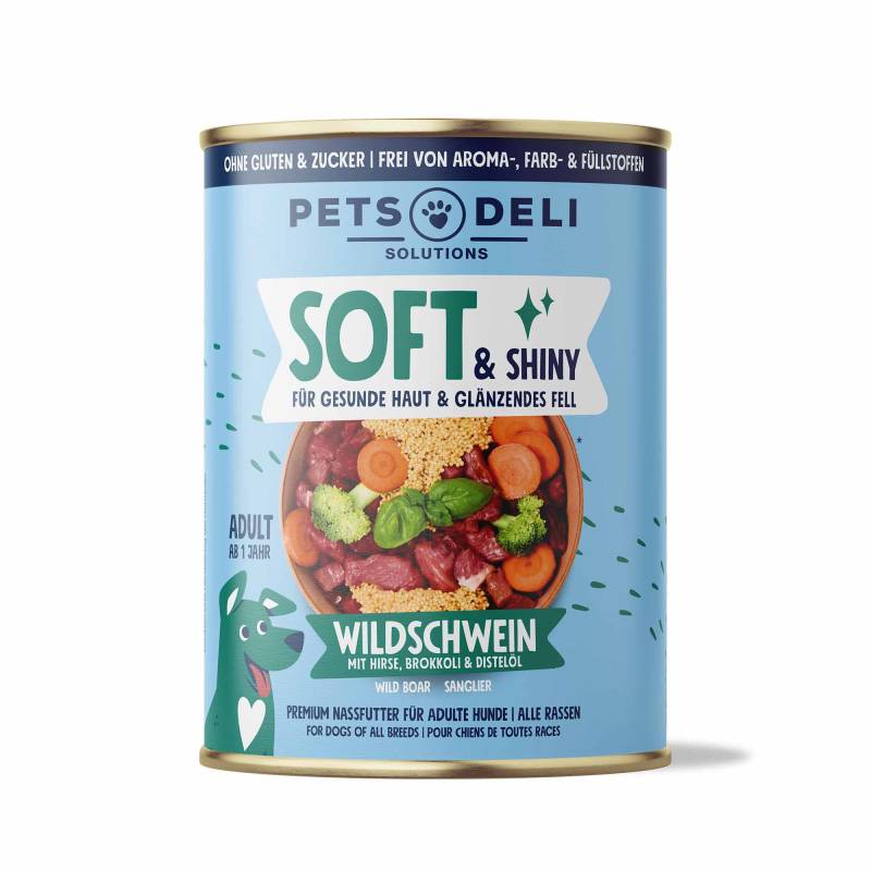 Nassfutter Soft & Shiny Wildschwein mit Hirse, Brokkoli & Distelöl für Hunde - 400g / Einzeldose von Pets Deli
