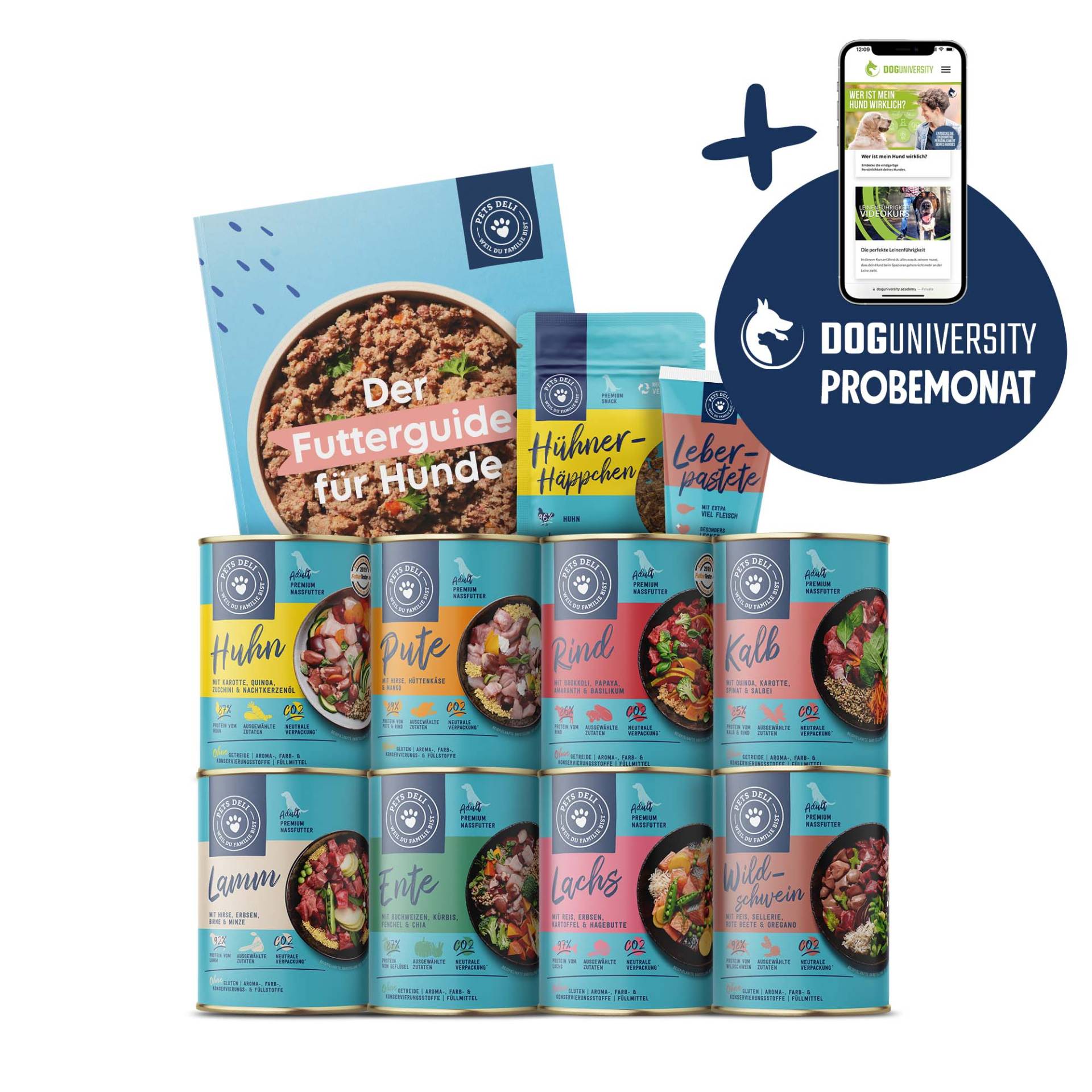 Probierpaket "Feinschmecker" für Hunde und Doguniversity Club Probemonat - 3340 g von Pets Deli