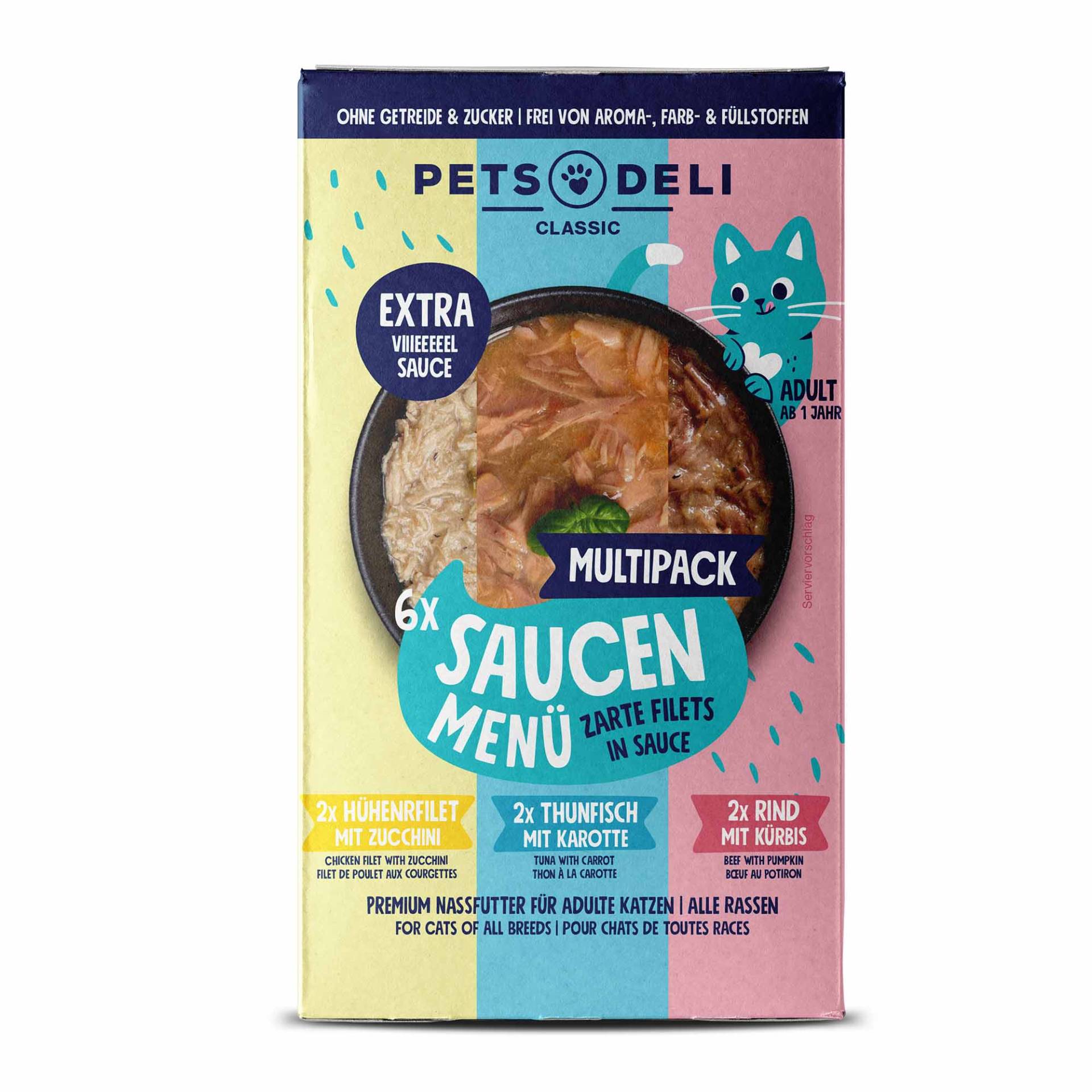 Saucen Menü Multipack - Katzenfutter nass - Putenfilet, Thunfischfilet und Hühnerfilet - Zucchini, Karotte - Adult - getreidefrei, zuckerfrei - 6 x 70g von Pets Deli Saucen Menü Multipack - Katzenfutter nass - Putenfilet, Thunfischfilet und Hühnerfilet - Zucchini, Karotte - Adult - getreidefrei, zuckerfrei - 6 x 70g von Pets Deli von Pets Deli