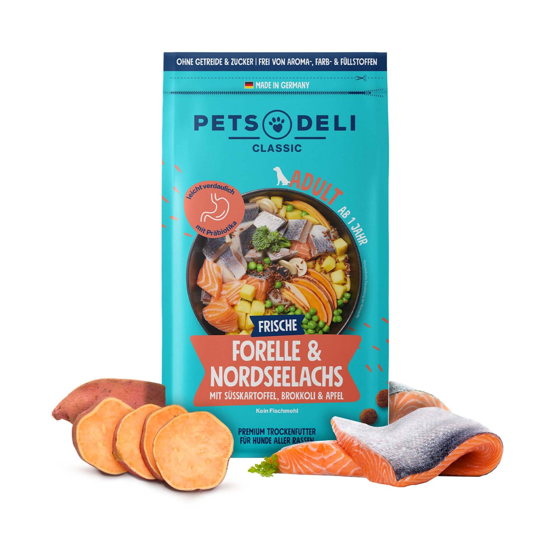 Trockenfutter Forelle & Nordseelachs mit Süßkartoffel, Brokkoli & Apfel für Hunde - 2kg von Pets Deli