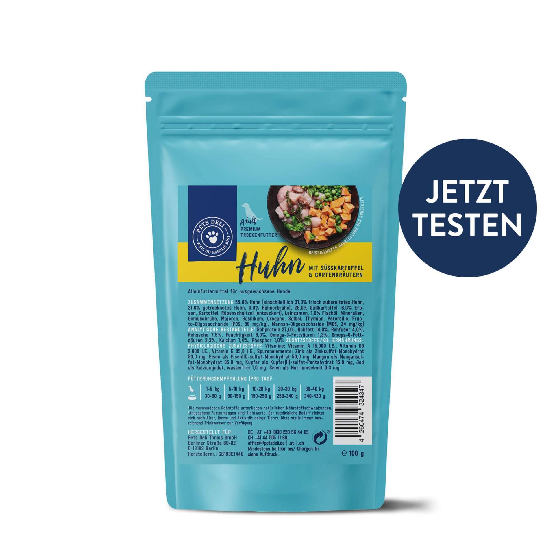 Trockenfutter Futterprobe alle Sorten für Hunde - Ente + Superfoods von Pets Deli