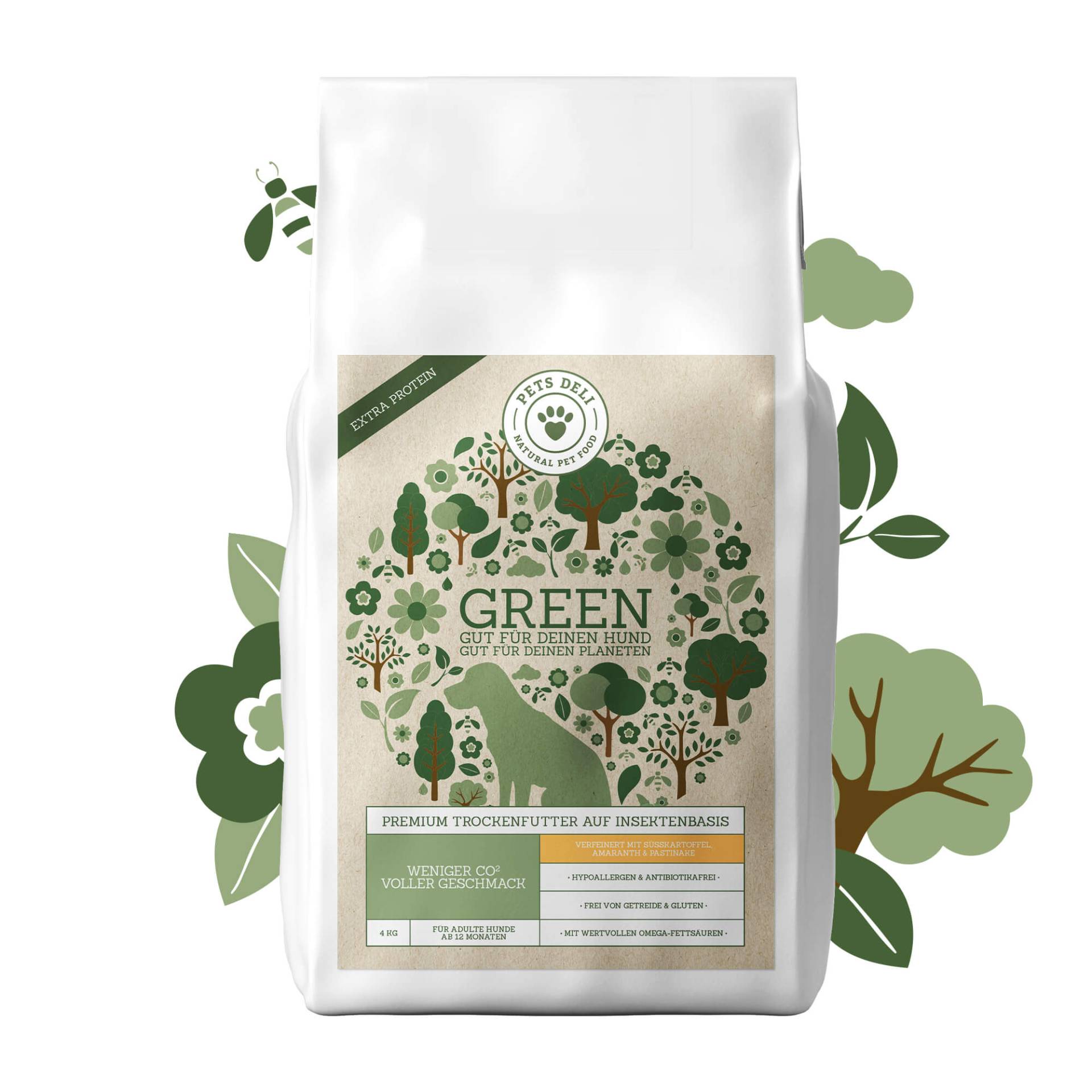 Trockenfutter Green Extra Protein - Insekt - Amaranth, Pastinake und Cranberry - Hypoallergen - Adult - getreidefrei, zuckerfrei - 4kg von Pets Deli von Pets Deli