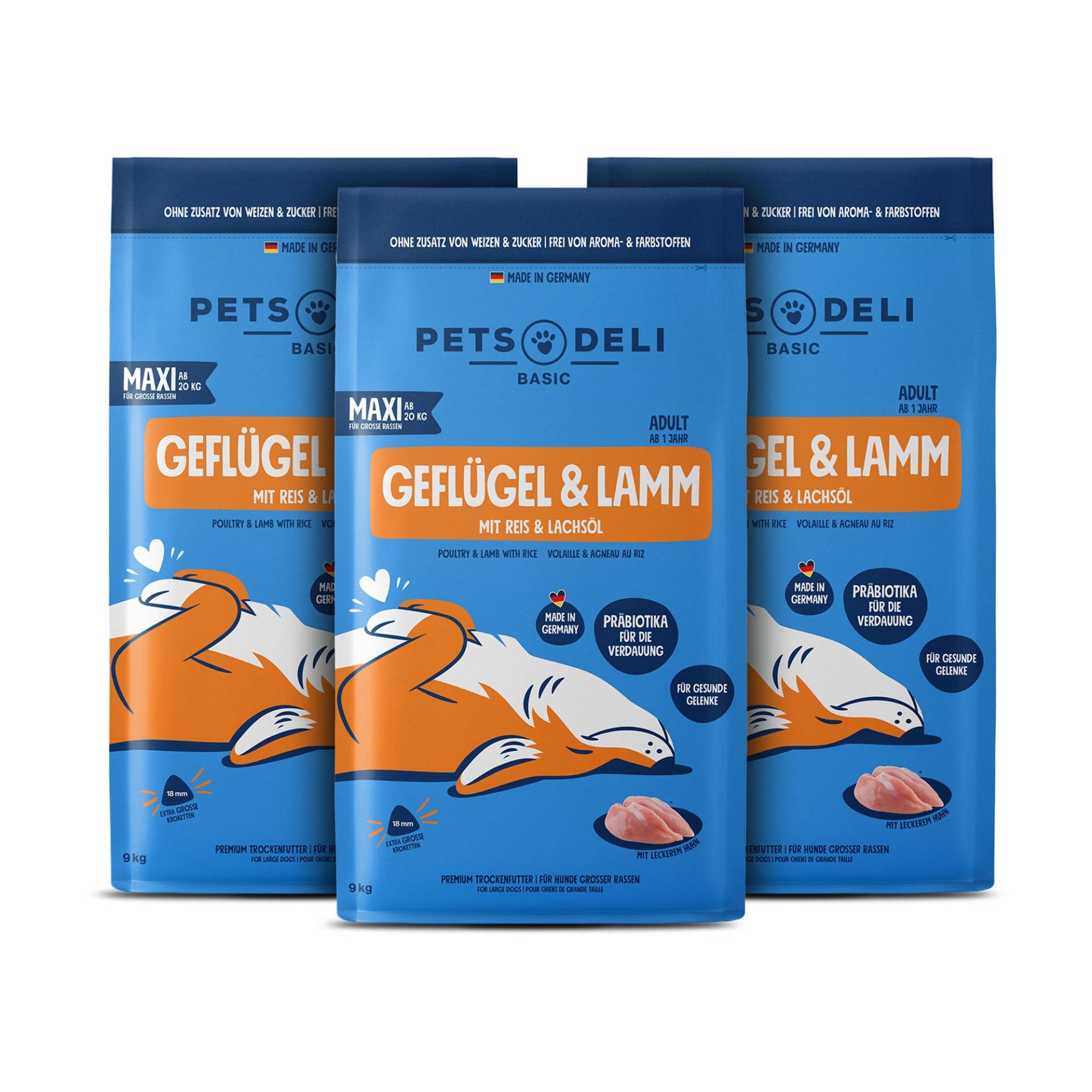 Trockenfutter Maxi Premium Basic Geflügel & Lamm mit Reis für Hunde - Sparpaket 3x9kg von Pets Deli