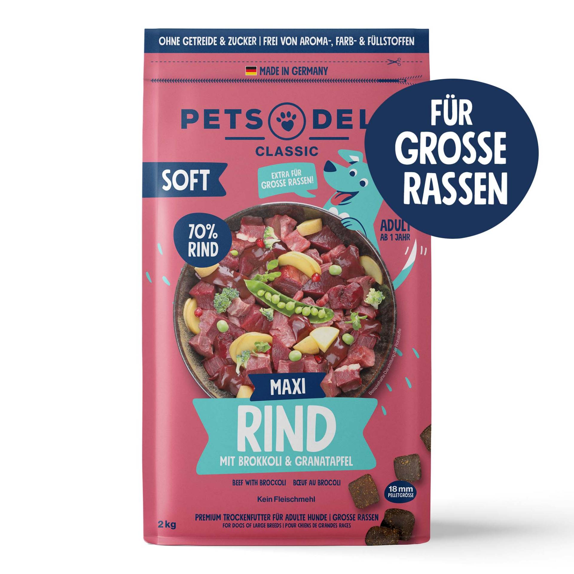 Trockenfutter Maxi Soft Rind mit Brokkoli & Granatapfel für Hunde - Sparpaket 3x9kg von Pets Deli