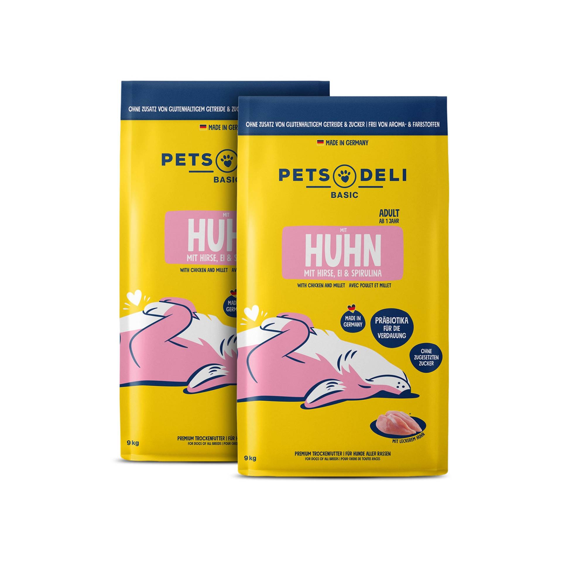 Trockenfutter Premium Basic Huhn mit Hirse, Spirulina und Ei für Hunde - Sparpaket 2x9kg von Pets Deli