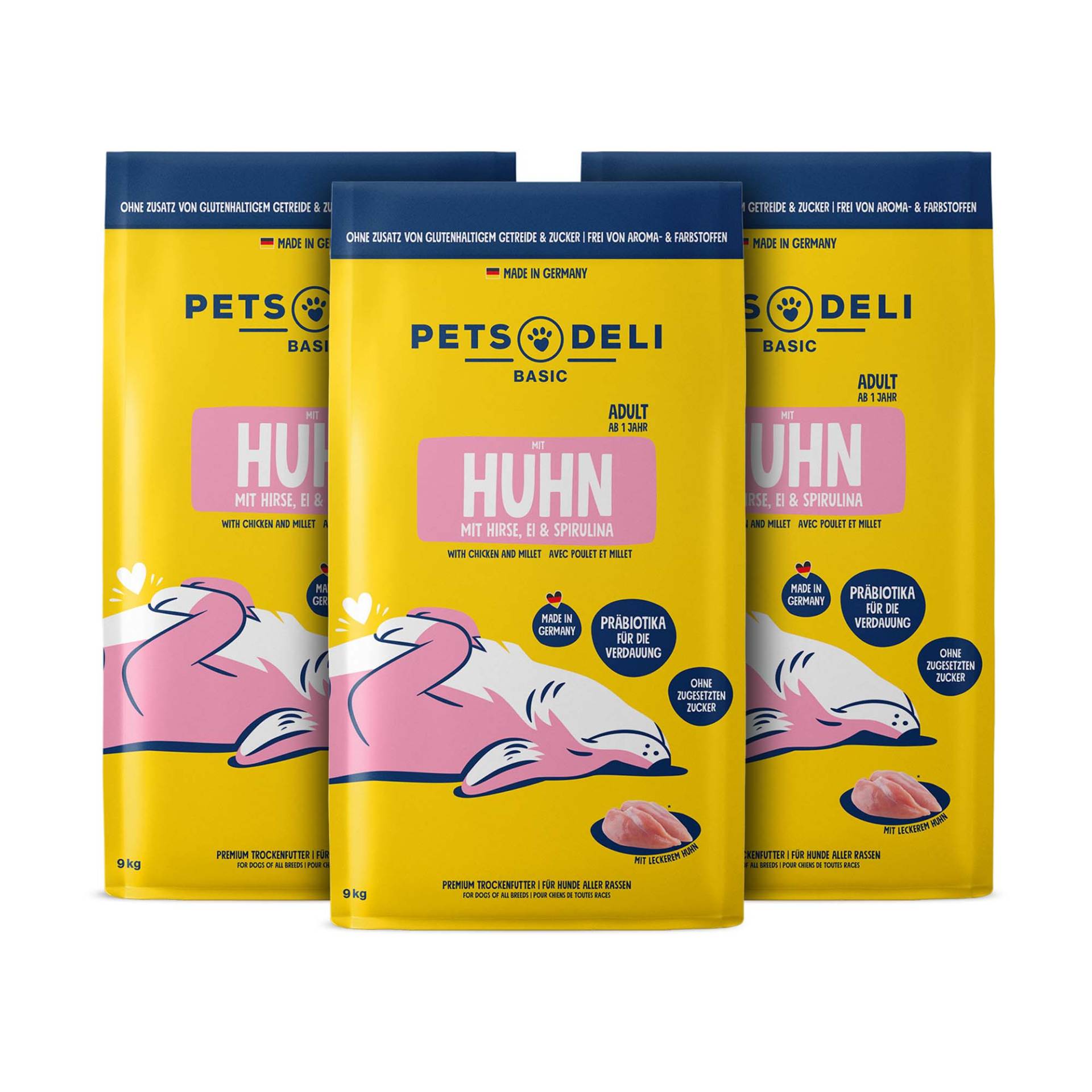 Trockenfutter Premium Basic Huhn mit Hirse, Spirulina und Ei für Hunde - Sparpaket 3x9kg von Pets Deli