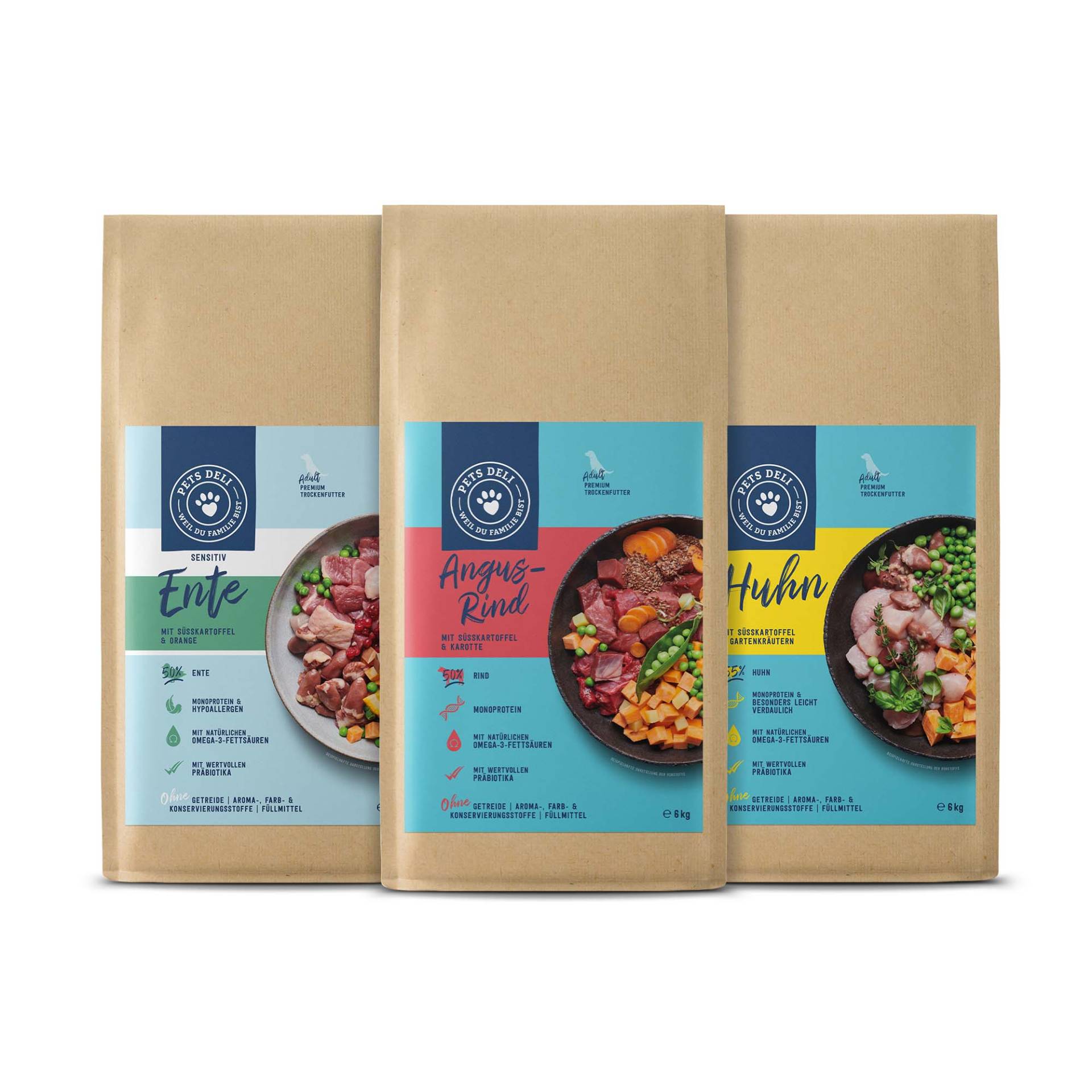 Trockenfutter Super Sparpaket Mix-Sorten je 3x6kg - Lamm, Ente & Thunfisch von Pets Deli