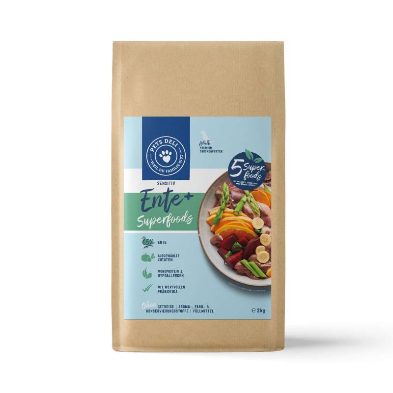 Trockenfutter Superfood Ente mit Pastinaken, Rote Beete, Orange, Spargel und Kürbis für Hunde - 2kg von Pets Deli