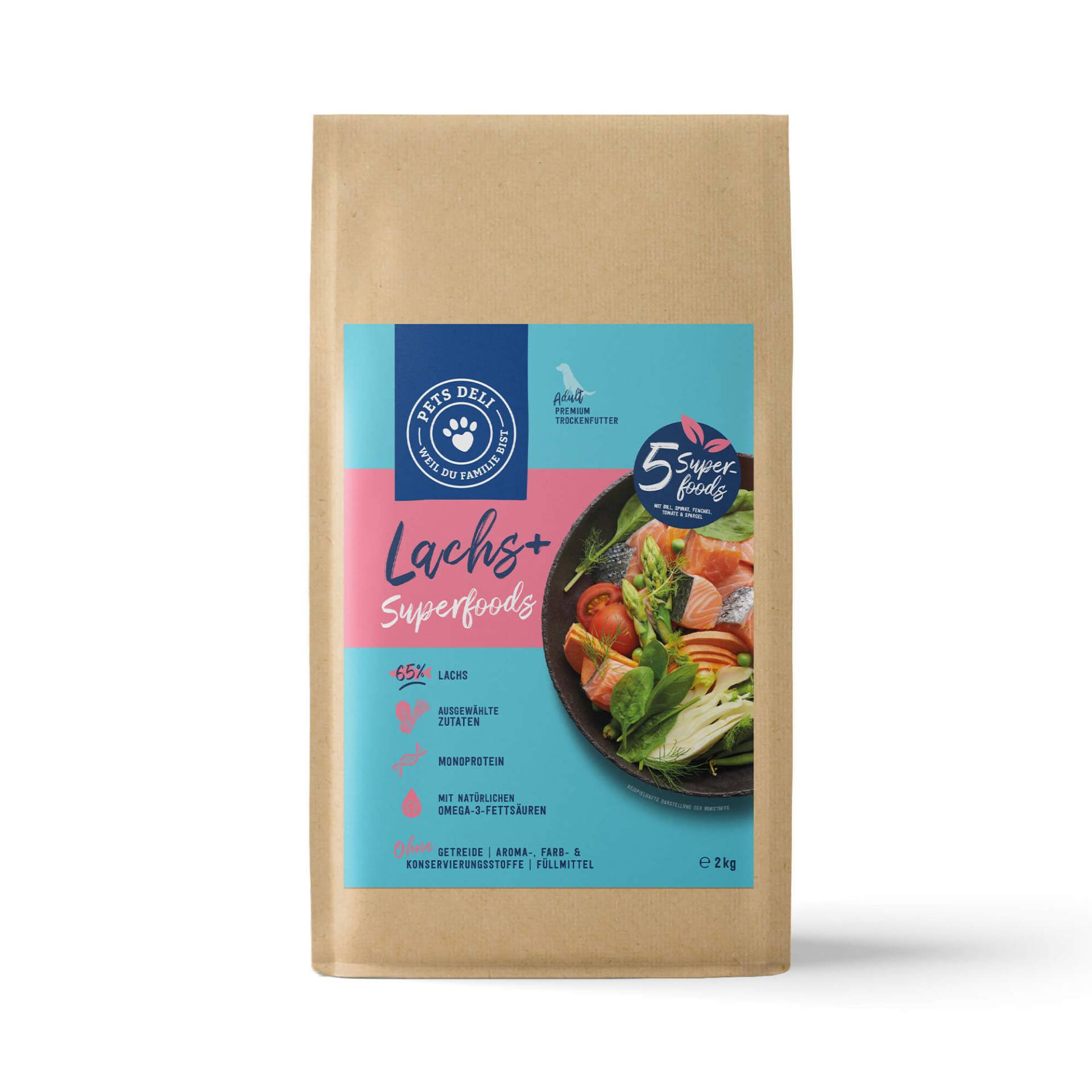 Trockenfutter Superfood Lachs mit Dill, Spinat, Fenchel, Spargel & Tomate für Hunde - 2kg von Pets Deli