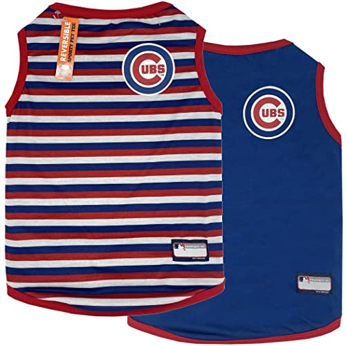 MLB Chicago Cubs Wende-T-Shirt, Größe S für Hunde & Katzen, mit 2 Motiven, gestreiftes T-Shirt auf der einen Seite, solides Design auf der anderen Seite! von Pets First