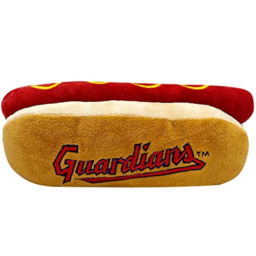 MLB Cleveland Guardians HOT Dog Plüsch Hund & Katze Quietschspielzeug - Niedliches Hot-Dog Snack Plüschspielzeug für Hunde & Katzen mit innerem Quietscher & schönem Baseball Team Name/Logo von Pets First