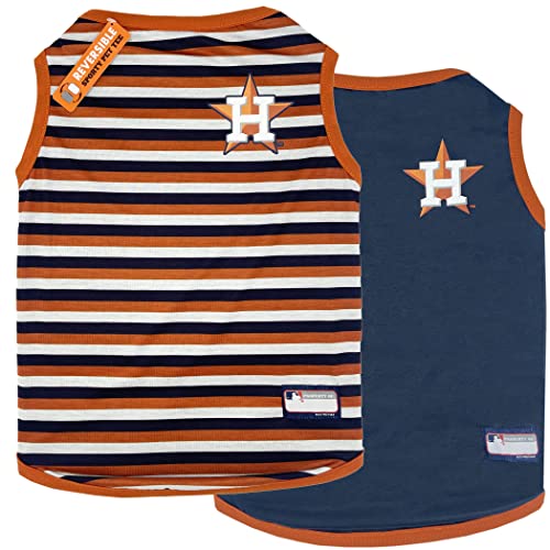 MLB Houston Astros Wende-T-Shirt, Größe S für Hunde & Katzen, 2 Designs, gestreiftes T-Shirt auf der einen Seite, solides Design auf der anderen Seite! von Pets First