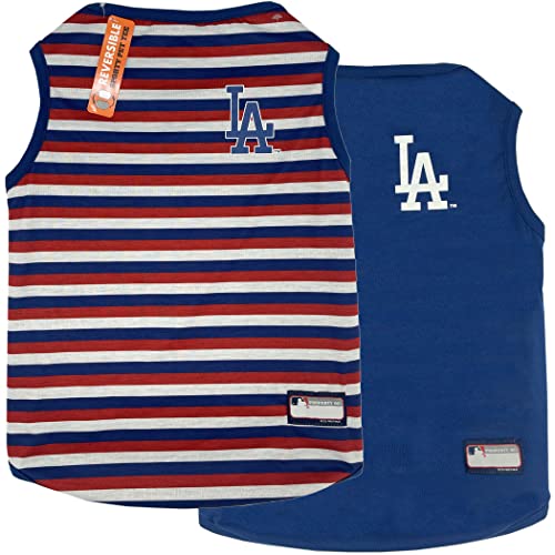 MLB Los Angeles Dodgers Wendbares T-Shirt, Größe L für Hunde und Katzen, 2 Designs, gestreiftes T-Shirt auf der einen Seite, solides Design auf der anderen Seite! von Pets First
