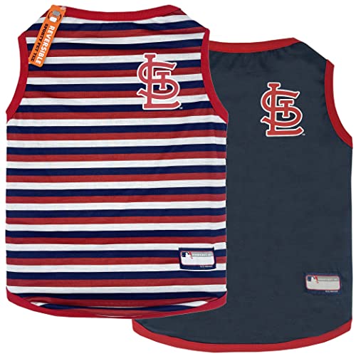MLB Saint Louis Cardinals Wende-T-Shirt, Größe M für Hunde und Katzen, mit 2 Designs, gestreiftes T-Shirt auf der einen Seite, solides Design auf der anderen Seite von Pets First