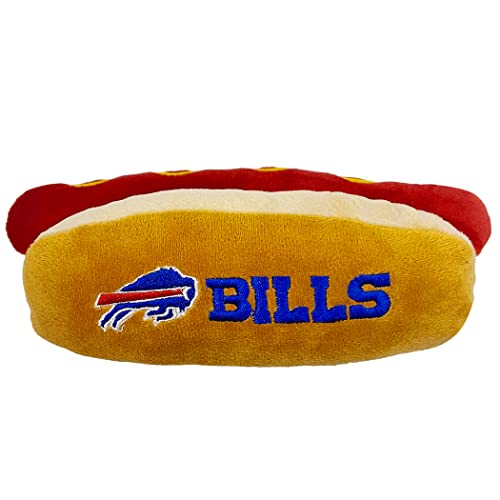 NFL Buffalo Bills Hot Dog Plüsch Hund & Katze Quietschspielzeug – süßestes Hot-Dog Snack Plüschspielzeug für Hunde & Katzen mit innerem Quietscher & schönem Fußball Team Name/Logo von Pets First