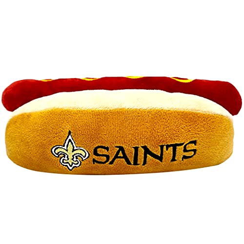 NFL New Orleans Saints Hot Dog Plüsch Hund & Katze Quietschspielzeug - Niedliches Hot-Dog Snack Plüschspielzeug für Hunde & Katzen mit innerem Quietscher & schönem Fußballmannschaft Name/Logo von Pets First