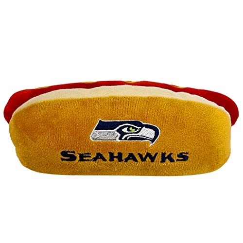 NFL Seattle Seahawks HOT Dog Plüsch Hund & Katze Quietschspielzeug - Niedliches Hot-Dog-Snack Plüschspielzeug für Hunde & Katzen mit innerem Quietscher & schönem Fußball-Teamname/Logo von Pets First