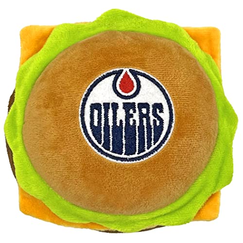 NHL Edmonton Oilers Cheese Burger Plüsch Hund & Katze Quietschspielzeug - Niedliches Stadion HAMBERGER Snack Plüschspielzeug für Hunde & Katzen mit innerem Quietscher & schönem Hockey Team Name/Logo von Pets First