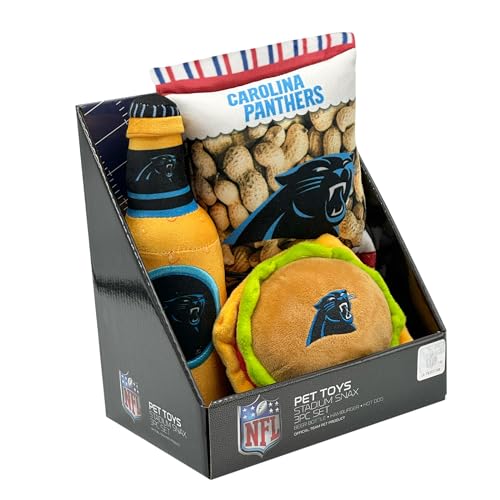 Pets First NFL Carolina Panthers Fußballstadion Snax Geschenk-Boxset, 3-teiliges Hundespielzeug mit innerem Quietscher. Hundespielzeug mit NFL-Team-Logo von Pets First