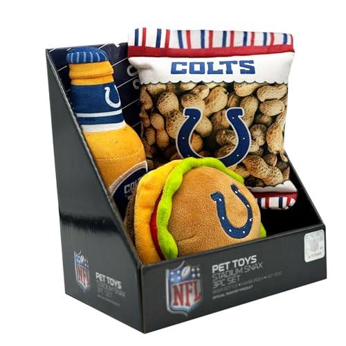 Pets First NFL Indianapolis Colts Football Stadium Snax Geschenkboxset, 3 Stück Hundespielzeug mit inneren Quietschern Fußball Themed Dog Toys with NFL Team Logo von Pets First