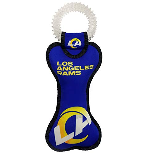 Pets First NFL Los Angeles Rams STL-3310 Fußball-Zahnknochenspielzeug mit integriertem Quietscher, befestigt an Einer sicheren Gummi-Zahnbürste, PET-Spielzeug, Teamfarbe, 35,6 x 12,7 cm von Pets First