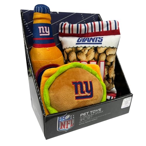 Pets First NFL New York Giants Football Stadium Snax Geschenkboxset, Hundespielzeug mit Quietschelement, 3 Stück von Pets First