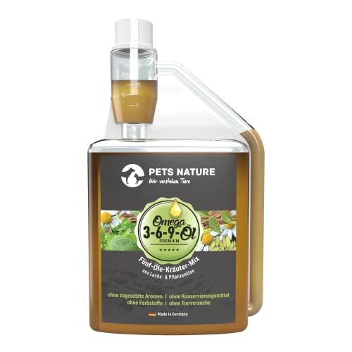 Pets Nature Omega 3-6-9-Öl für Hunde und Katzen - reines Premium Kräuter-Barf-Öl mit Distel-, Hanf-, Lachs-, Chia- und Leinöl - 100% natürlich, schonend kaltgepresst (250 ml) von Pets Nature
