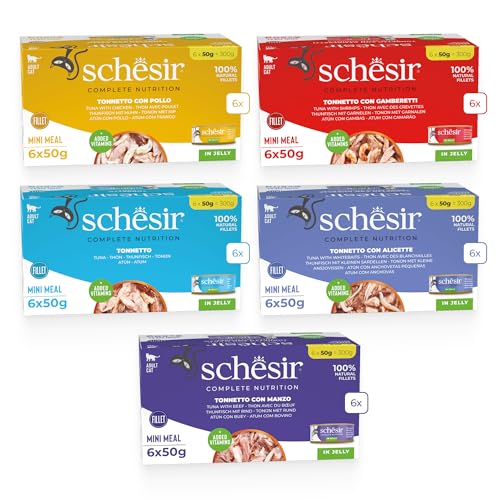 Schesir Cat Katzenfutter nass in Gelee Thunfisch Mix (30 x 50g) Nassfutter Thunfisch mit Huhn, Sardellen, Garnelen & Rind in Gelee - hochwertige, natürliche Zutaten & viel Protein von Pets Nature