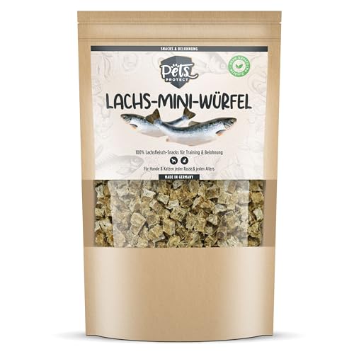 LACHS-MINI-WÜRFEL | 100% Lachsfleisch Leckerlis für Hunde & Katzen | Keine künstlichen Zusätze | Reich an Omega-3 Fettsäuren | Getrocknet | Ohne Fischmehl | Getreidefrei | 150g | Deutsche Herstellung LACHS-MINI-WÜRFEL | 100% Lachsfleisch Leckerlis für Hunde & Katzen | Keine künstlichen Zusätze | Reich an Omega-3 Fettsäuren | Getrocknet | Ohne Fischmehl | Getreidefrei | 150g | Deutsche Herstellung von Pets PROTECT