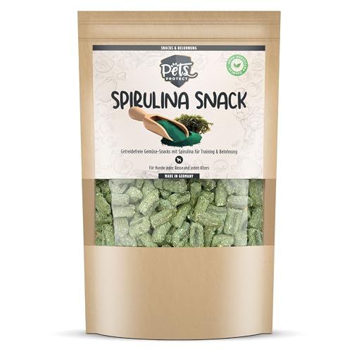 SPIRULINA Snack | Vegane Hundeleckerlis aus Luzerne/Alfalfa, Spinat, Spirulina & Seetang/Knotentang | Getreidefrei | Ohne künstliche Zusätze | Für Hunde jeden Alters | 150g | Deutsche Herstellung von Pets PROTECT