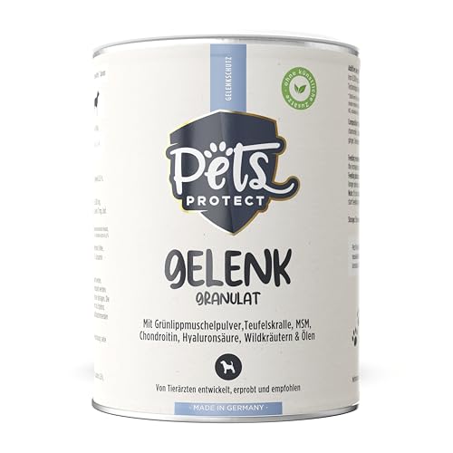 GELENK GRANULAT Pets Protect Gelenkkomplex für Hunde jeden Alters | Grünlippmuschel, Hyaluronsäure, MSM, Glucosamin, Chondroitin, Teufelskralle | Mit Kräutermischung | 200g | Deutsche Herstellung von Pets PROTECT
