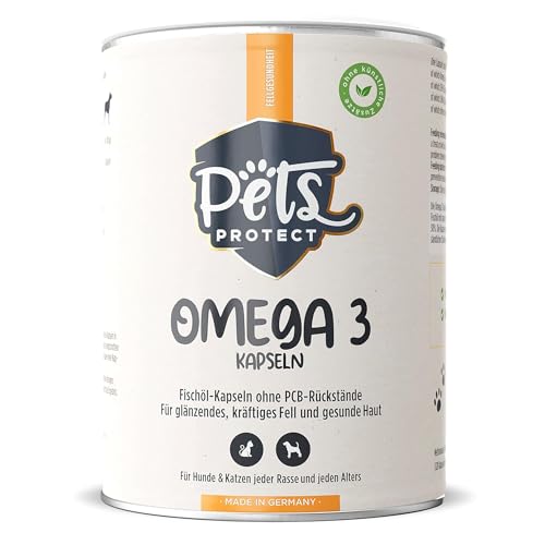 Omega-3 Kapseln für Hunde & Katzen | HOCHDOSIERT mit 1.000mg reinem Fischöl pro Kapsel | Sehr hoher Gehalt an EPA & DHA Fettsäuren | PCB-frei | Ohne Zusätze | 120 Kapseln | Deutsche Herstellung von Pets PROTECT