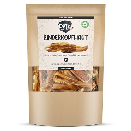 Native RINDERKOPFHAUT getrocknet | Für Hunde | 15-20 cm | Fettarm & proteinreich | Extra Langer Kauspaß | Natürliche Zahnpflege | Ohne Chemie & künstliche Zusätze | 500g | Deutsche Herstellung von Pets PROTECT